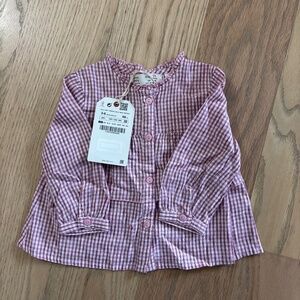 Zara Baby Pink and White Gingham Long Sleeve Top